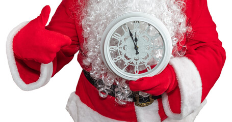 Santa Claus holding a white clock which shows five minutes to midnight and he is pointing at it....