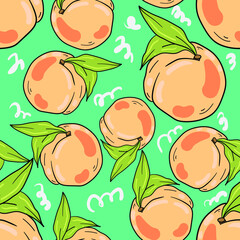 Seamless vector pattern with peach and  green leaves on blue background. Wallpaper, fabric and textile design. Cute wrapping paper pattern with fruits. Good for printing.