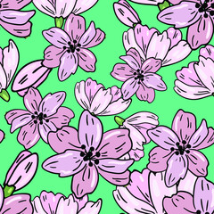 Seamless vector pattern with light beige flowers on green background. Wallpaper, fabric and textile design. Cute wrapping paper pattern with spring bouquet. Good for printing.