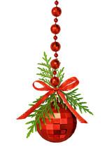 Red Christmas decorative ball with satin ribbon bow and green twigs