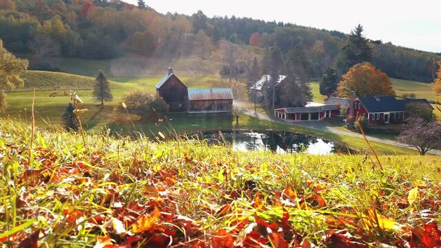 Farm house with Autumn foliage in Vermont with beautiful colors 4k