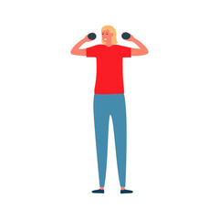 
Cartoon female character training with dumbbells on a white background. Flat vector. A girl in a red sports T-shirt and blue leggings, does exercises on the arms with a weight. Functional strength 