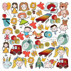 Fototapeta premium Kindergarten and toys. Little children game. Kids playground. Education, creativity, imagination.