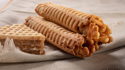 waffle rolls and waffles with caramel