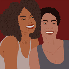Illustration portrait of a woman Afro friends. The concept of women's friendship. Female dark-skinned relationships. Friendship, love, same-sex love. Portrait on the poster of the struggle for