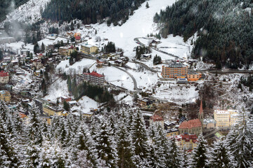 Famous Austria's resort town of Bad Gastein in Alps mountains. Frosty winter day