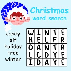 Christmas word search puzzle for kids stock vector illustration. Help elf and find all words in puzzle. Funny simple word search about Xmas with elf. Children english words game for printing and fun. 