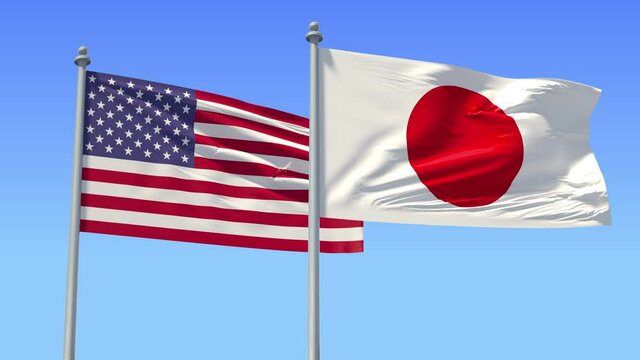 Japan and USA flag on flagpole excellent quality. Japan and The United States of America waving flag in wind. LOOP/CYCLE Animation