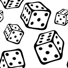 Funny doodle seamless pattern with dice by white contour for board game. Flying cubes isolated on black background. Perfect for decor of children's playroom, textiles, packaging. Stay home hobby time.