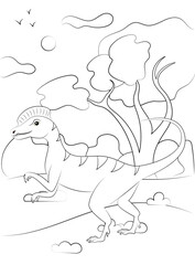 Coloring page outline of dinosaur on the background of nature.