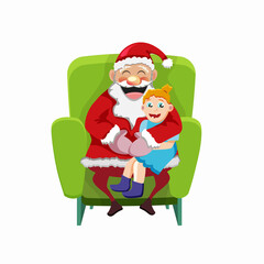 Smiling Santa Claus siting on the chair and holding little happy girl. Flat illustration for Christmas and New Year. 