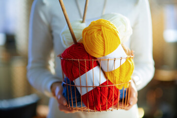 Closeup on modern woman holding basket with yarn and needles