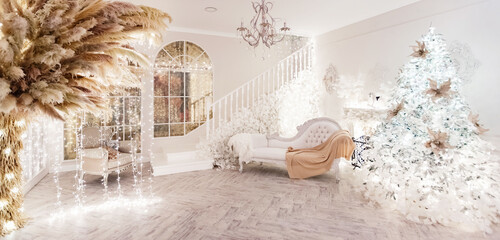 Interior Christmas room with New Year tree, fireplace and gifts in silver white light illuminations