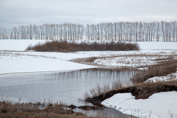 The river in early spring with the remains of snow on the banks.