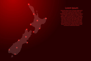 New Zealand map from red pattern slanted parallel lines and glowing space stars grid. Vector illustration.