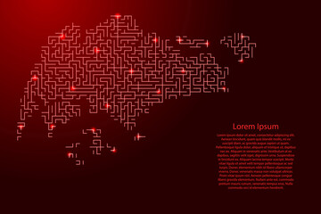 Singapore map from red pattern of the maze grid and glowing space stars grid. Vector illustration.
