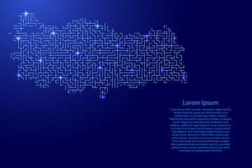Turkey map from blue pattern of the maze grid and glowing space stars grid. Vector illustration.