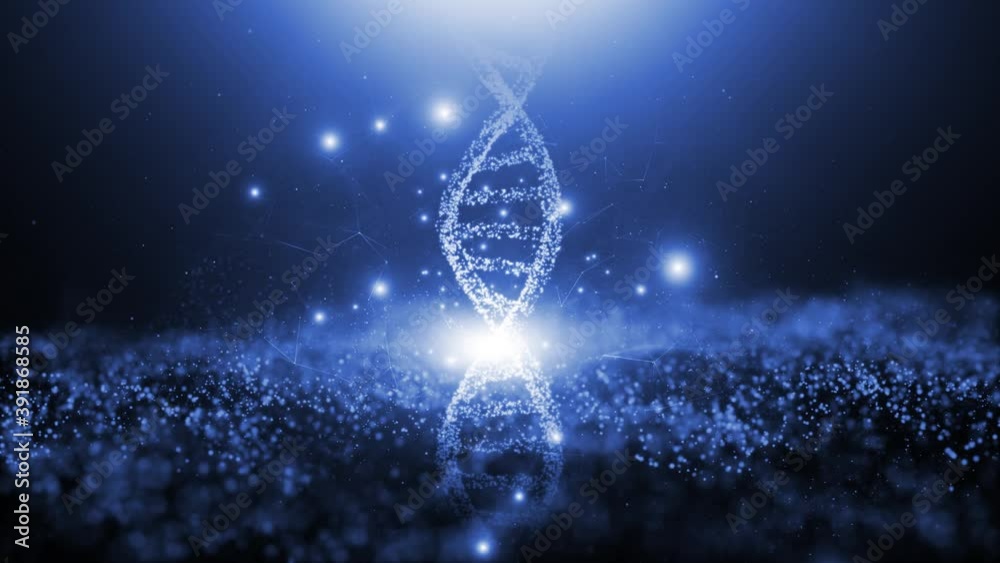 Wall mural shining dna structure rotation on abstract digital blue copy space animation background.