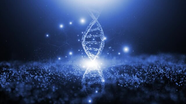 Shining dna structure rotation on abstract digital blue copy space animation background.
