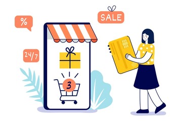 Happy woman doing online shopping at home through mobile app by credit card and smartphone Vector illustration concept