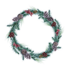 Fototapeta na wymiar Watercolor Christmas spruce branches wreath. Cinnamon. Blue and green branches. Winter clipart. Elegant wedding frame. White background