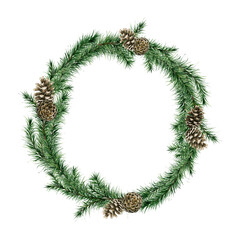 Fototapeta na wymiar Watercolor Christmas spruce branches, cone wreath. Fir, green branches. Winter clipart. Elegant wedding frame. White background