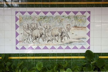 azulejos on a wall in the zoological park in Lisbon