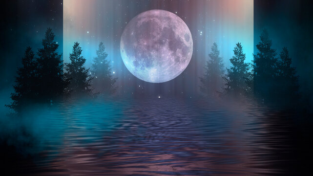 Futuristic night landscape with abstract landscape and island, moonlight, shine. Dark natural scene with reflection of light in the water, neon blue light. 3d illustration © MiaStendal
