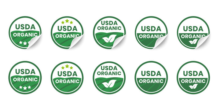 USDA organic certified icons. Set of realistic stickers with rolled up corners. Round organic certification labels with curled edges. Vector illustration