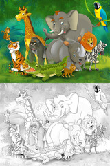 Obraz premium Cartoon zoo scene with sketch in the jungle stage with animals illustration