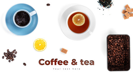 Coffee and tea in white cups and sweets. Long header banner format. Panorama website header banner. High quality photo
