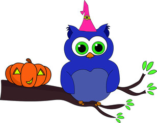 A beautiful owl sitting on a branch with a Pumpkin and leaves 