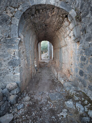 Obraz premium view to stone tunnel of antique city on island Gemilie in Turkey