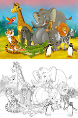 Cartoon zoo scene with sketch in the jungle stage with animals illustration