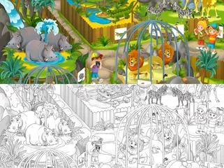 Poster Cartoon zoo scene with sketch amusement park illustration © agaes8080