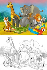 Obraz na płótnie Canvas Cartoon zoo scene with sketch in the jungle stage with animals illustration