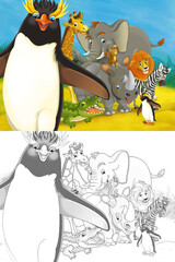 Cartoon zoo scene with sketch in the jungle stage with animals illustration