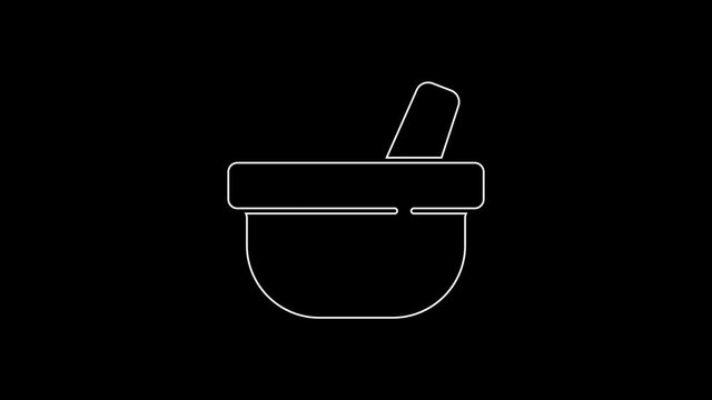White line Mortar and pestle icon isolated on black background. 4K Video motion graphic animation
