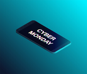 Cyber Monday isometry banner. Realistic isometric black smartphone isolated on dark background. Vector 3d illustration