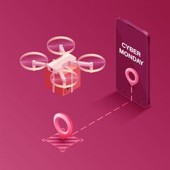 Cyber monday online shopping banner. Drone delivery concept vector illustration. Quadcopter flying over route carrying a package, cargo, goods to customer. 3D illustration