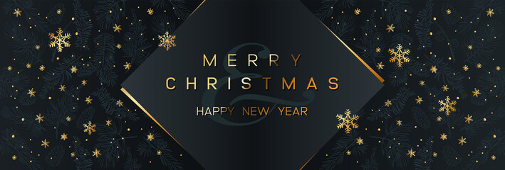 Naklejka premium Christmas Poster on black. Vector illustration of Christmas Background with golden snowflakes and geometric decorative elements.