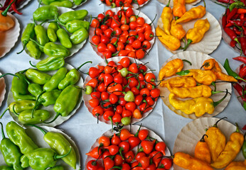 Assortment of chili peppers on marketplace