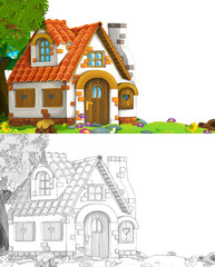 Obraz na płótnie Canvas cartoon scene with sketch with farm ranch house on the meadow - illustration