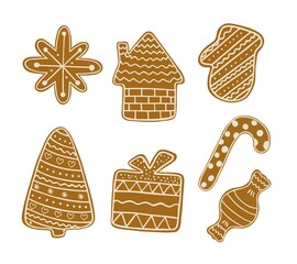 Christmas gingerbread cookies traditional holiday celebration design hand drawn in doodle style decorated with sugar icing winter sweet food for greeting card, invitations, banner vector illustration