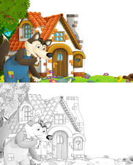 cartoon scene with sketch with wolf near farm ranch house - illustration
