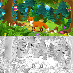 Cartoon scene with happy wild fox in the forest - illustration