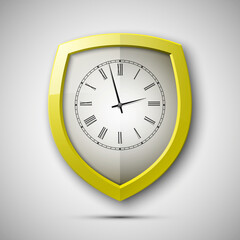 Protected guard shield clock icon . Safety badge watch icon. Privacy colorful banner shield. Security clock label. Defense watch tag. Presentation clock sticker shield. Defense safeguard watch sign