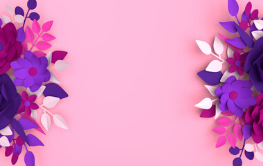 Paper elegant white flowers and leaves, floral origami background. Valentine's day, Easter, Mother's day, wedding greeting card. 3d render digital spring or summer flowers illustration in paper art