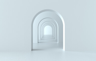 3d rendering. Arch hallway simple geometric background, architectural corridor, portal, arch columns inside empty wall. Modern minimal concept