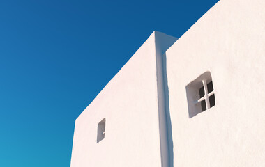 Empty concrete white grunge wall. 3d rendering of city house with clear sky background. Detail of house exterior wall with small window. 3d rendering.